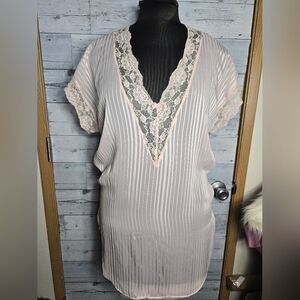 Vintage Shirley Boutique Sheer Pink Striped Lace V Neck Top Sz M